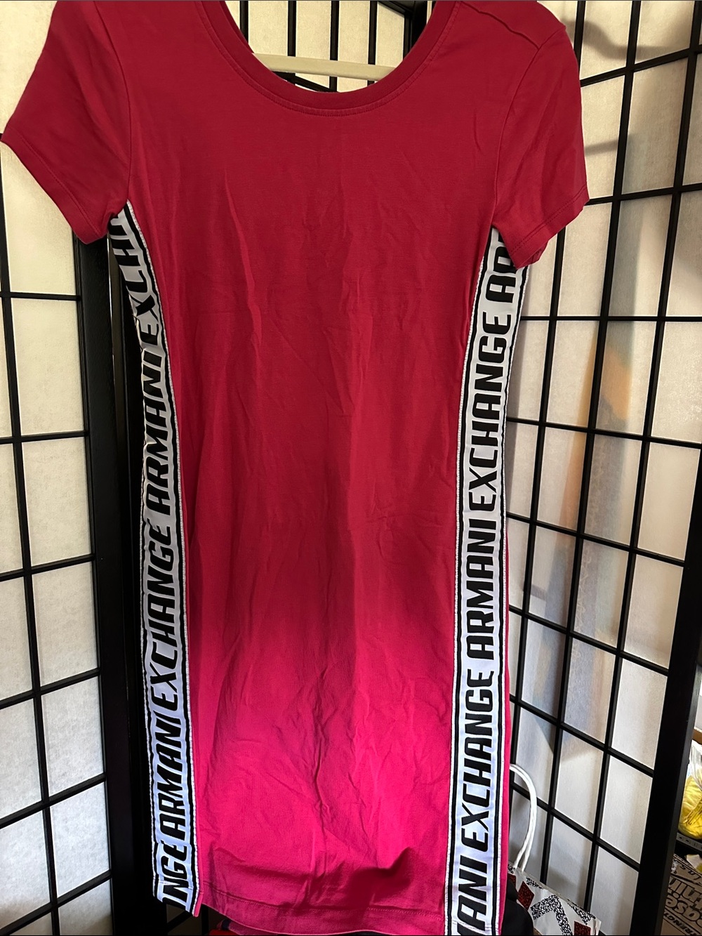 Armani Exchange Pink-to-Red Short Sleeve Logo tape Side-Stripe Dress
